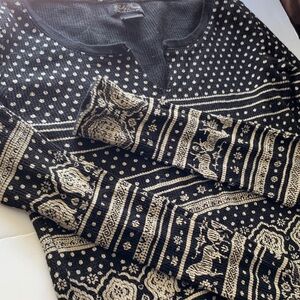 Lucky Brand Black White Waffle Cotton  Long Sleeve Top Soft Zebra Lotus